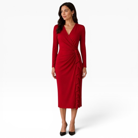 Lauren Ralph Lauren Dresses & Skirts - Lauren Ralph Lauren Red Ruched Ruffle Sheath Dress Long Sleeve Size 10 Stretch